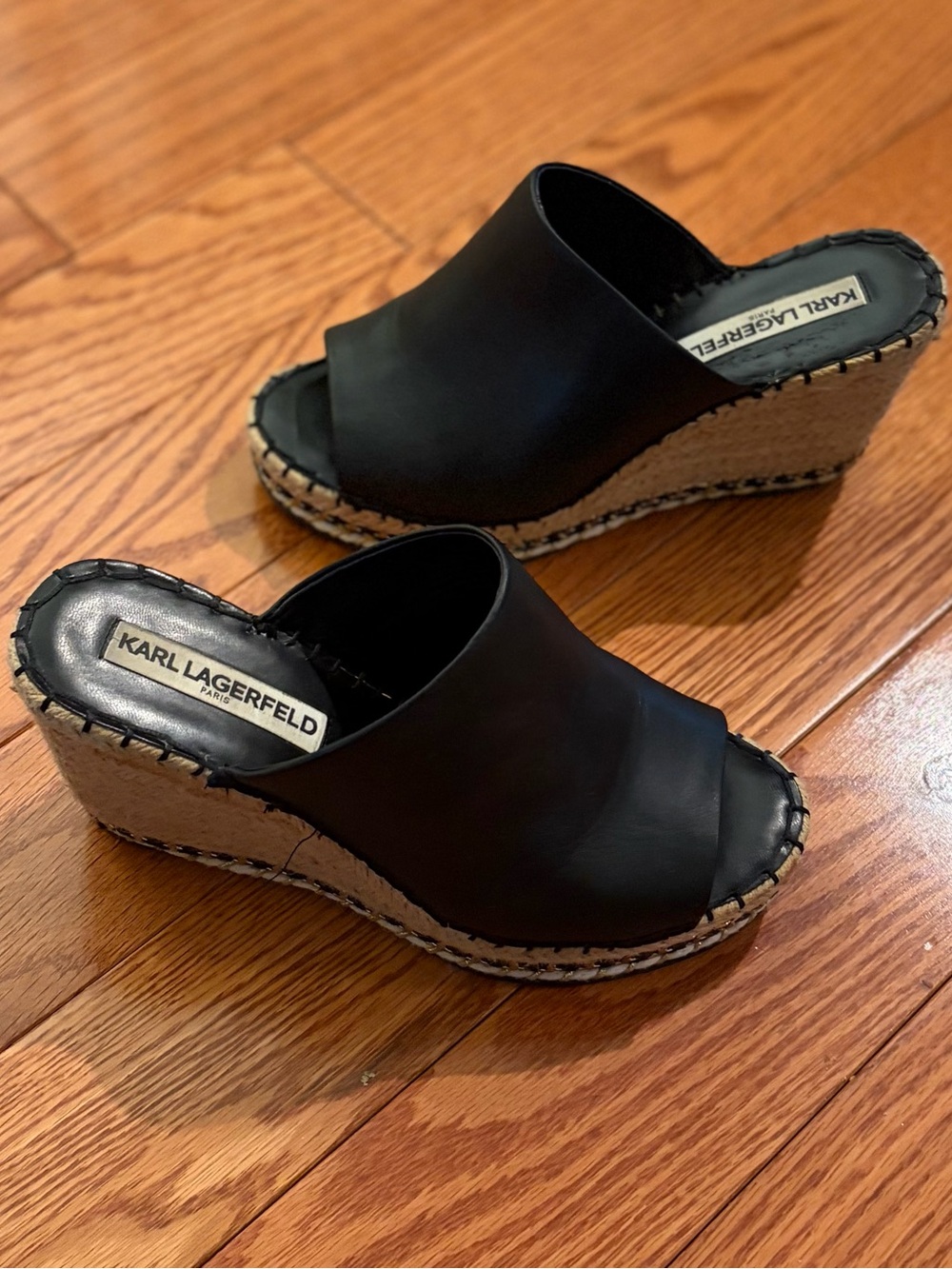 Karl Lagerfeld Black Leather Espadrille Wedge Mules Women Size 7.5